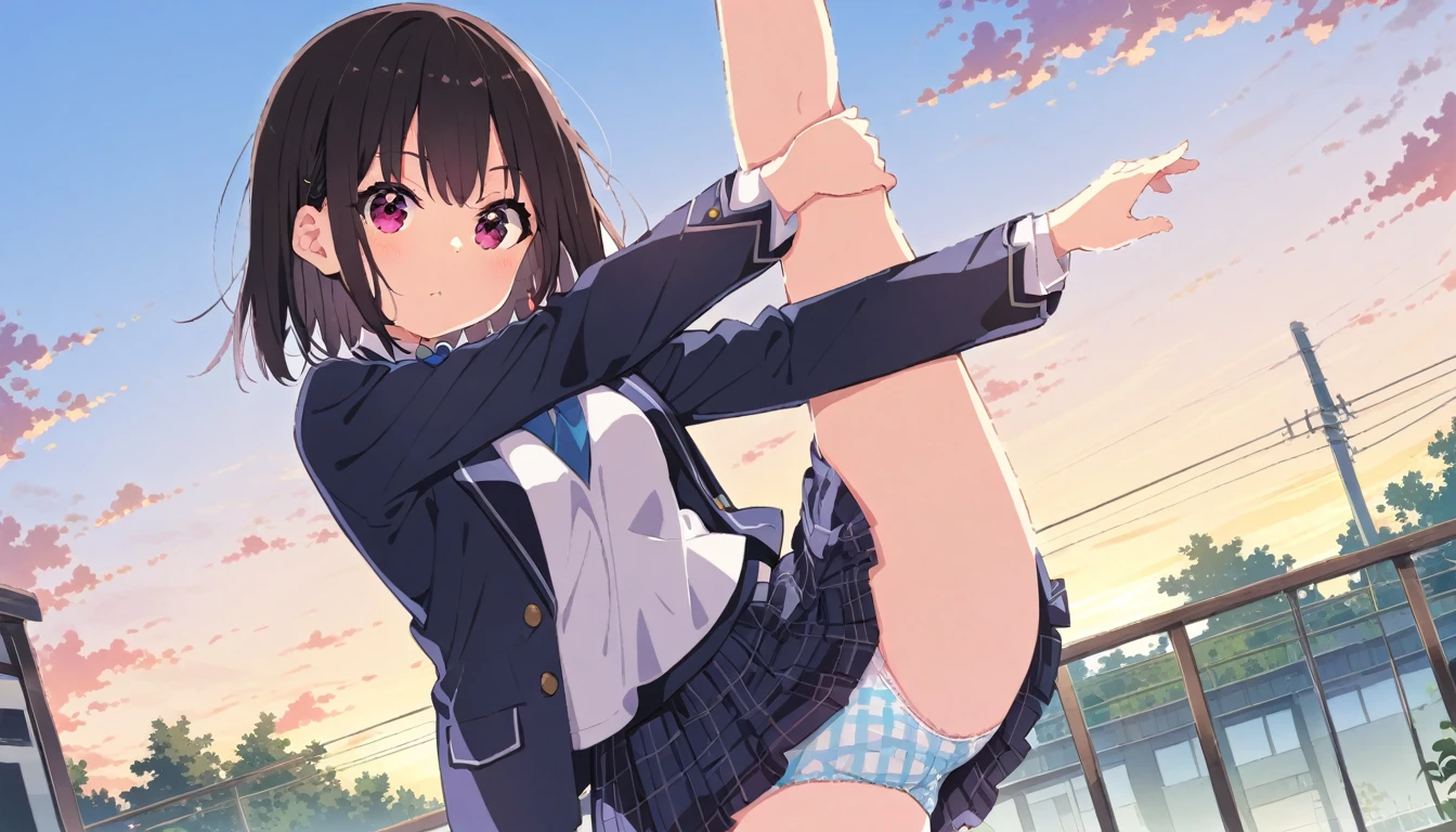 A girl in a blazer uniform, with short black hair, a checkered skirt, brown loafers and floral panties, doing an M-shaped split, from head to toe、In front of the school building at dusk