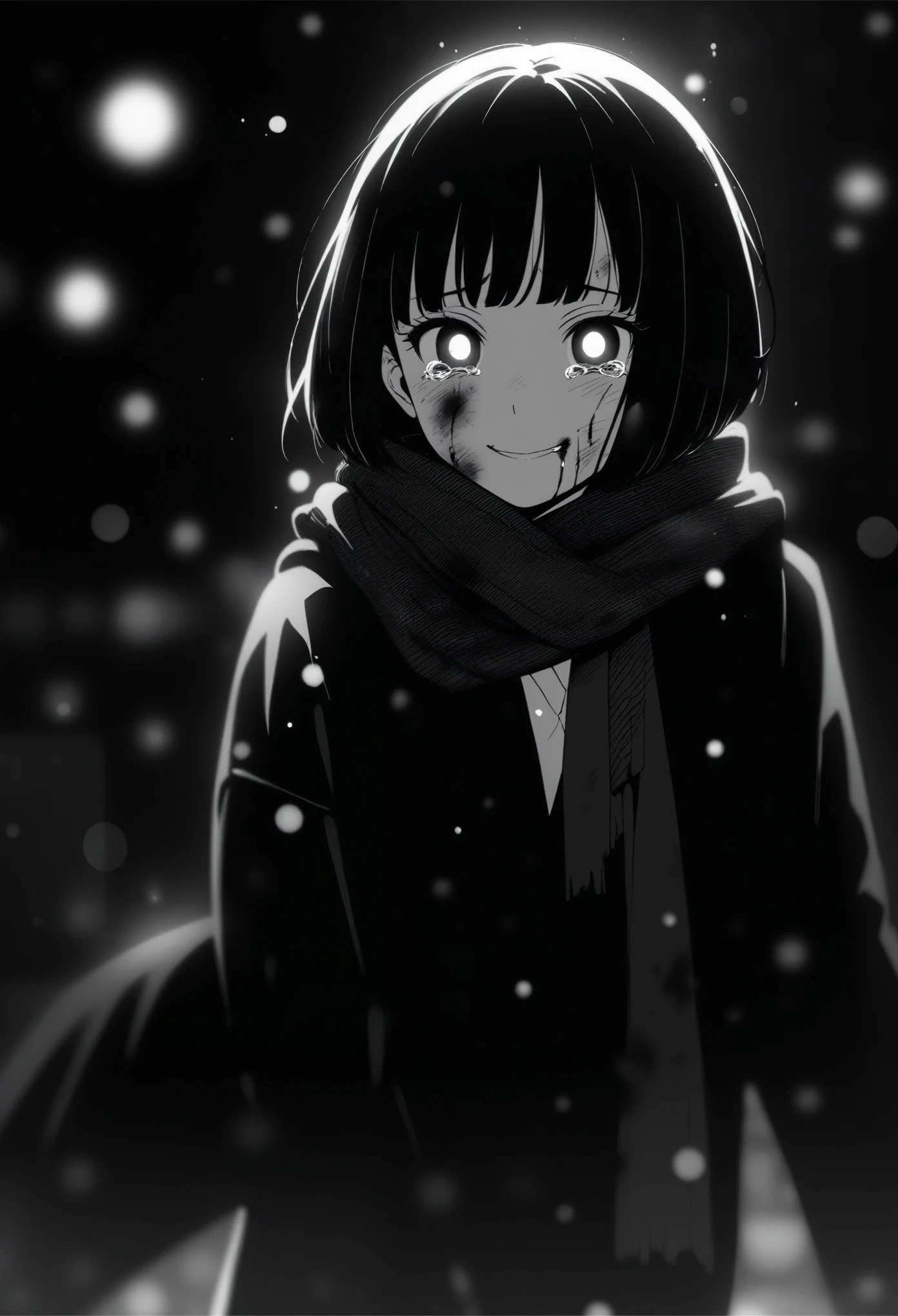 masterpiece, best quality, 1girl, momose_(oqo) official art, grayscale, manga style, japanese, chi no wadachi, black eyes, glowing white pupils, street, iced, smile, black hair, schoolbag, crying, tears, tears streaming, blood, blood_from_mouth, bruise, nosebleed, lineart, face against the ground, looking at viewer, blood on face, black coat, black scarf, 35 years old, mature_female:1, tall, fair skinned, bokeh background, streaming, bob cut, light particles, centered, snowing, emotional anime scene, (very aesthetic, best quality, ultra detailed), intricate details, red and blue lights flashing, cool, soleless, emotionless, lightning, electricity, gritty