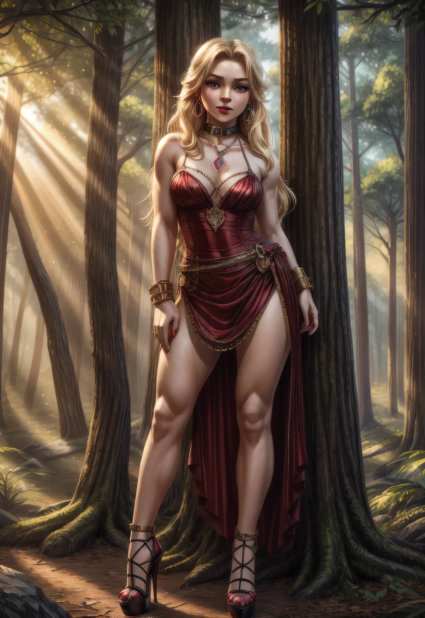 UHD 8k, HDR+, cute blonde female slave with a necklace, large piercing eyes, huge earrings, giant earrings, in a slave collar, her long blonde hair falls full body nude, naked, Black high heel shoes, High heels, slave dancer outfit, Against the background of the forest, detailed background, realistic, 1girl, solo girl, 20 year old girl, ultra realistic face, hyperrealistic, hyperdetailed, (looking at viewers), sharpen, detailed face, detailed eyes, detailed lips, red lips, beautiful face, 16k, FHD, raw photo, cute face mesh, pretty face mesh, portrait shot 8 k