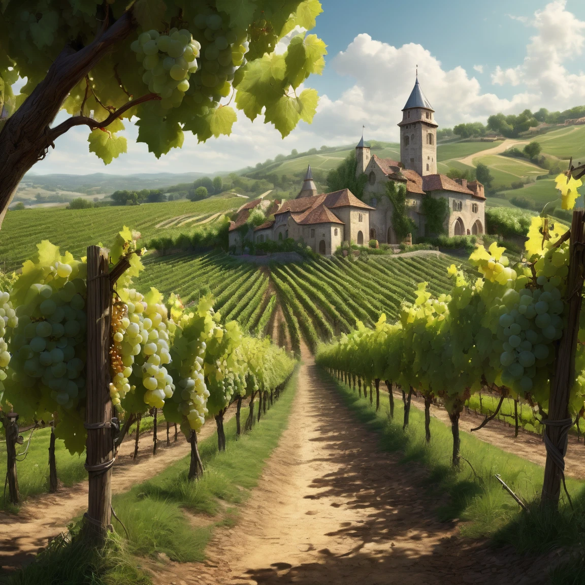 ((best quality)), ((masterpiece)), ((realistic,digital art)), (hyper detailed), (large vineyard), ground view, (medieval fantasy style)