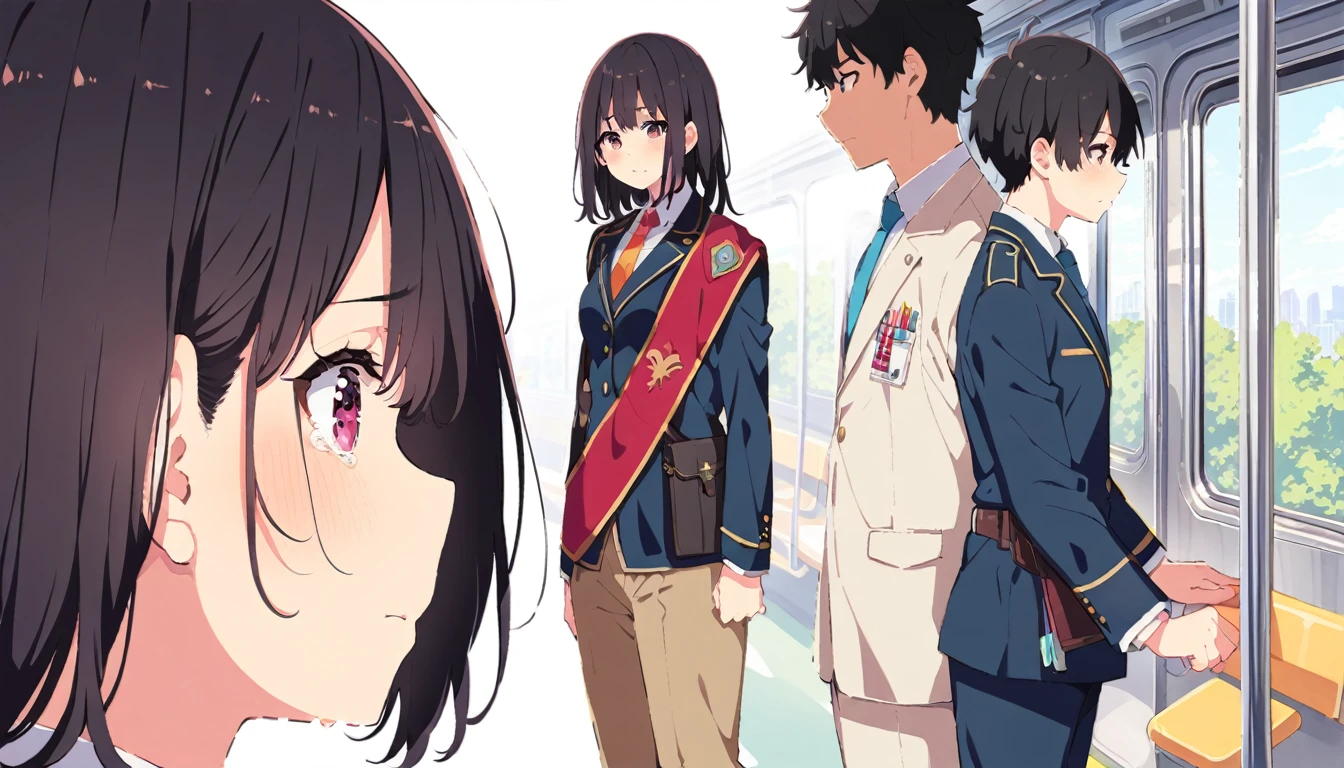 A middle-aged molester is touching the lower body of a crying girl with short black hair and small ???????, wearing a blazer and uniform, who is standing upright on a train.、From head to toe