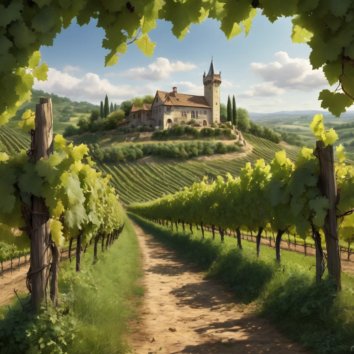 ((best quality)), ((masterpiece)), ((realistic,digital art)), (hyper detailed), (large vineyard), ground view, (medieval fantasy style)