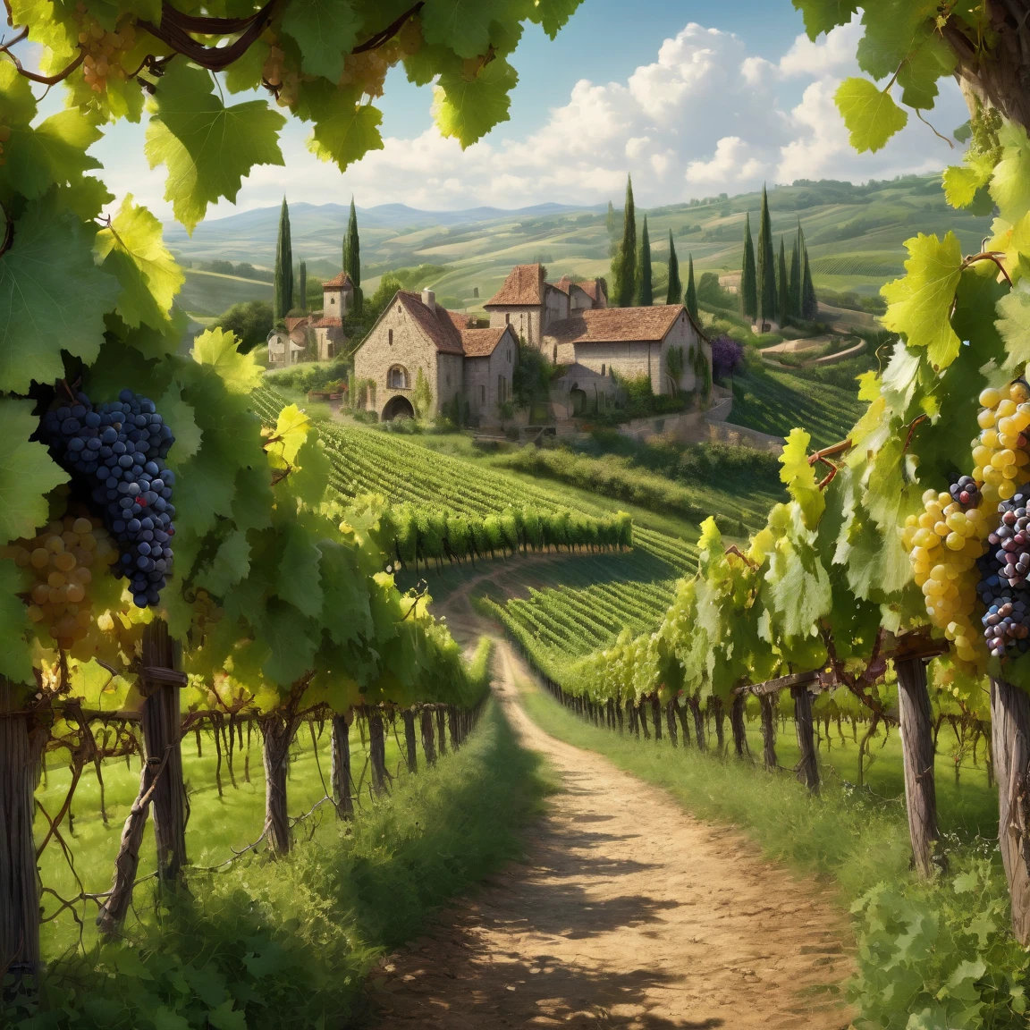 ((best quality)), ((masterpiece)), ((realistic,digital art)), (hyper detailed), (large vineyard), ground view, (medieval fantasy style)