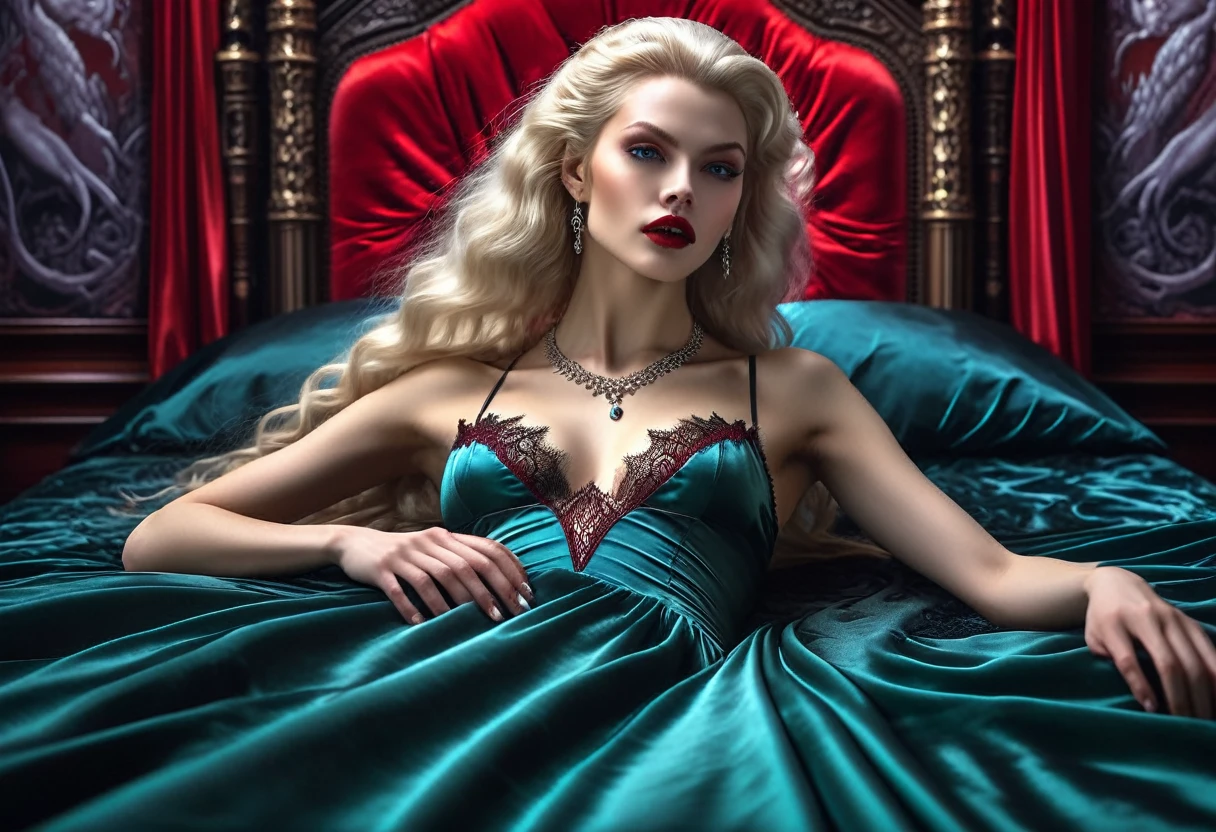 (masterpiece, 8K, UHD, RAW), A sexy blonde girl kissing a evil vampire in bed, (((a beautiful young woman riding on top of one huge horrific vampire))), (she rides the male vampire with lustful femininity), her beautiful body is covered by a sheer translucent white lace bra with Art Nouveau embroidery, big sexy perky breasts, her pristine delicate features contrasts with the horrendous menacing fangs of the corrupted male vampire, full body vibrant illustrations, intricately sculpted, realistic hyper-detailed portraits, queencore, depicts real life, the scene happens in a luxurious Art Nouveau boudoir with studio illumination, red and teal silk satin
