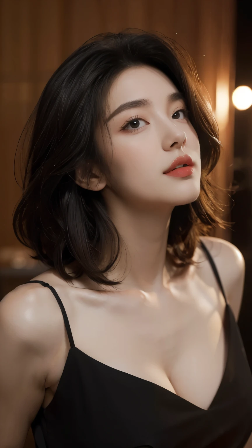 Best quality， masterpiece， Ultra-high resolution， （realistically：1.5）， RAW photos， Lovely， in the dark night， depth shadow， Low Tone， Cold Light， Sexy look,Shoulder length straight bob hair,Slim，Cleavage，Looming nipples