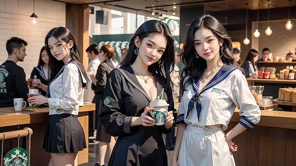 8K、RAW Photos、Highest quality、Super detailed、Super Resolution、Ultra HD、8K壁紙、Amazing details
(((Inside the Starbucks store、16 year old high school girl in sailor suit)))、Eat cake、Drink coffee、smile、Heart Necklace((Emphasize cleavage))
(Full body photo)

