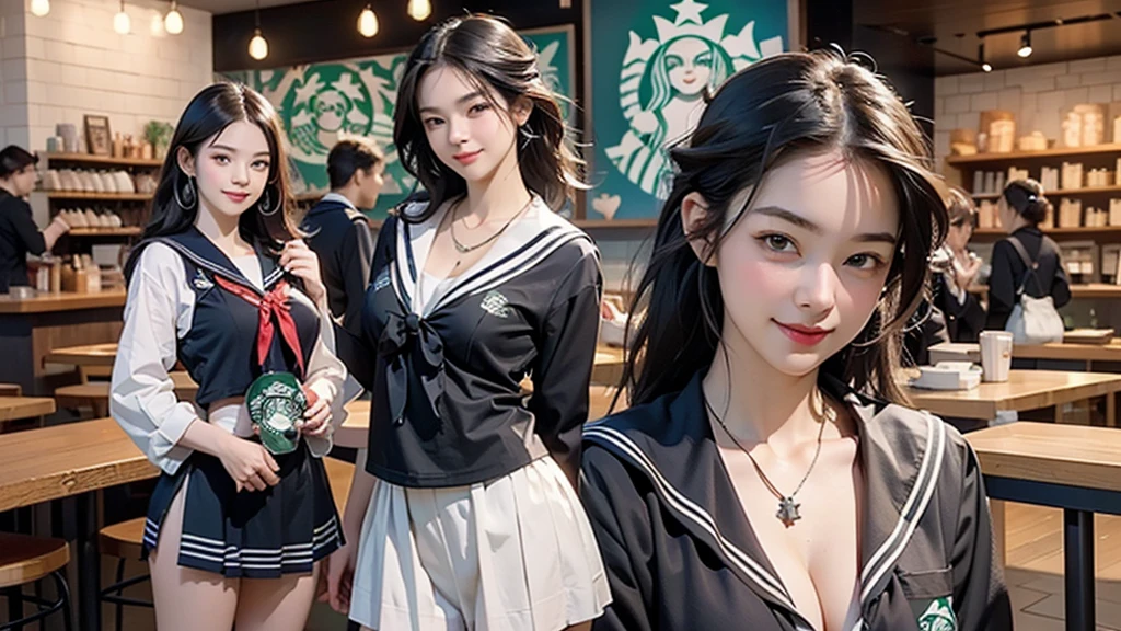 8K、RAW Photos、Highest quality、Super detailed、Super Resolution、Ultra HD、8K壁紙、Amazing details
(((Inside the Starbucks store、16 year old high school girl in sailor suit)))、Eat cake、Drink coffee、smile、Heart Necklace((Emphasize cleavage))
(Full body photo)
