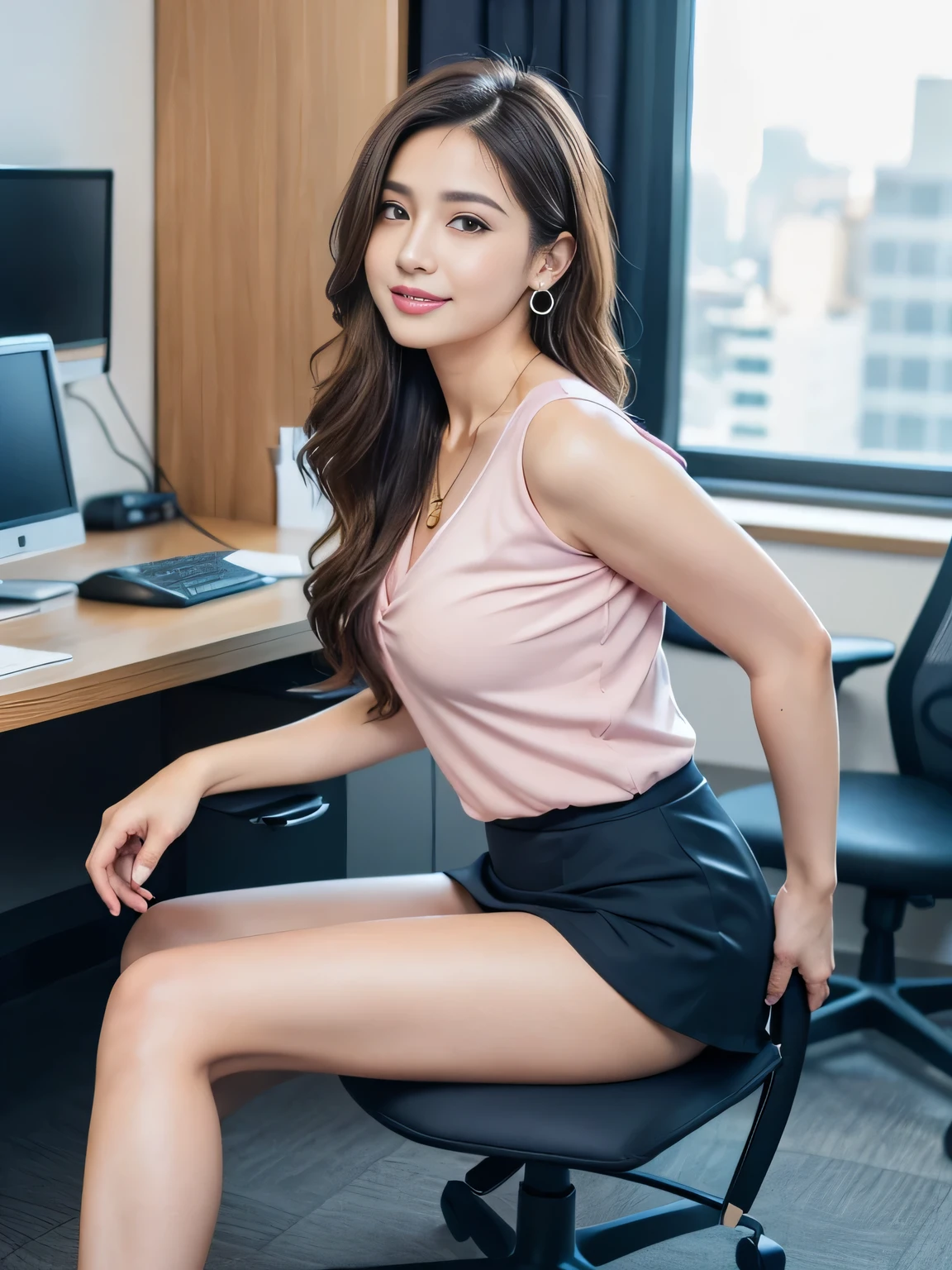 The best quality in the best condition, Realistically, Very detailed, About pubic hair, High resolution, 8k wallpaper, One beautiful woman, Pink wet lips, Light brown messy long hair, wear a dark blue office suit with a short skirt, Perfect dynamic composition, Beautiful Eyes, Delicate hair, Detailed Realistically skin texture, smile, Close-up portrait,(Natural pose), Model Body Type, Office background with a view of the building, Photo Background, (Full Body Shot, Toes too), Shooting from a distance, (Sit with your legs together),Earrings,necklace,High heels,Sit in an office chair,(Side Shot),
