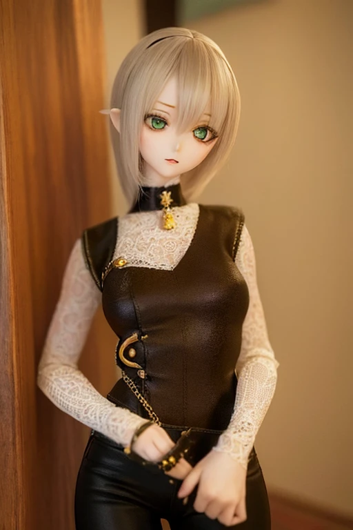 photorealistic, realistic photo, (sfw:2), ((highest quality)), ((masterpiece)), (extremely detailed), kukolnydom, doll, (mature woman:1.6), cowboy shot, solo, (skinny, slender, down vest, skinny pants, bare arms), green eyes, almond eyes, hairband, light smile, (model pose, looking away, blank eyes, empty eyes, detailed eyes:1.3), museum, 8k