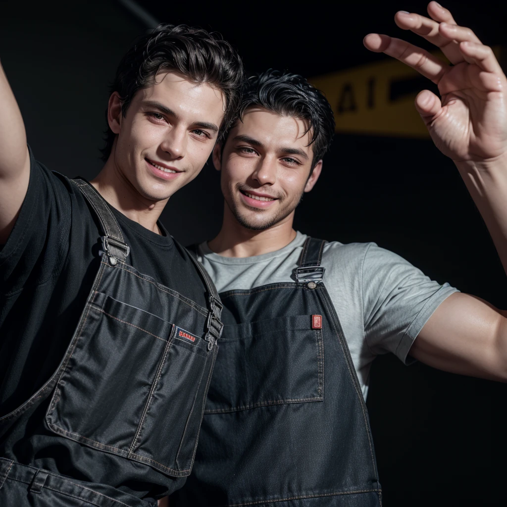 "Create an image of a man doll with the profession of mechanic with a black background. The man doll must be wearing typical mechanic work overalls, with grease stains, and must be giving a thumbs up with one hand. Facial expression should be smiling"