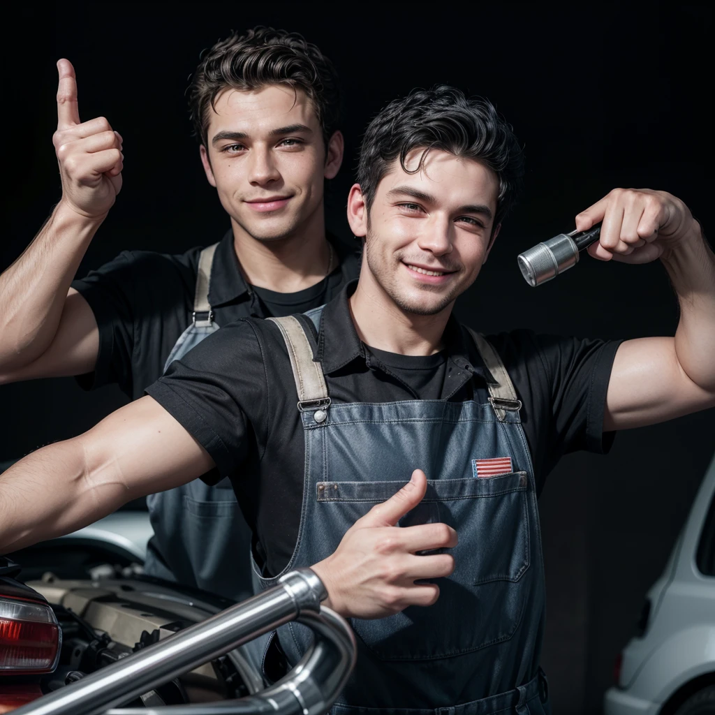 "Create an image of a man doll with the profession of mechanic with a black background. The man doll must be wearing typical mechanic work overalls, with grease stains, and must be giving a thumbs up with one hand. Facial expression should be smiling"