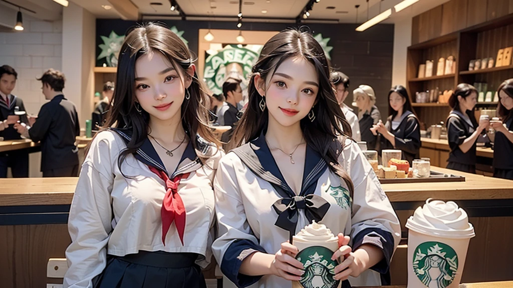 8K、RAW Photos、Highest quality、Super detailed、Super Resolution、Ultra HD、8K壁紙、Amazing details
(((Inside the Starbucks store、16 year old high school girl in sailor suit)))、Eat cake、Drink coffee、smile、Heart Necklace((Emphasize cleavage))
(Full body photo)