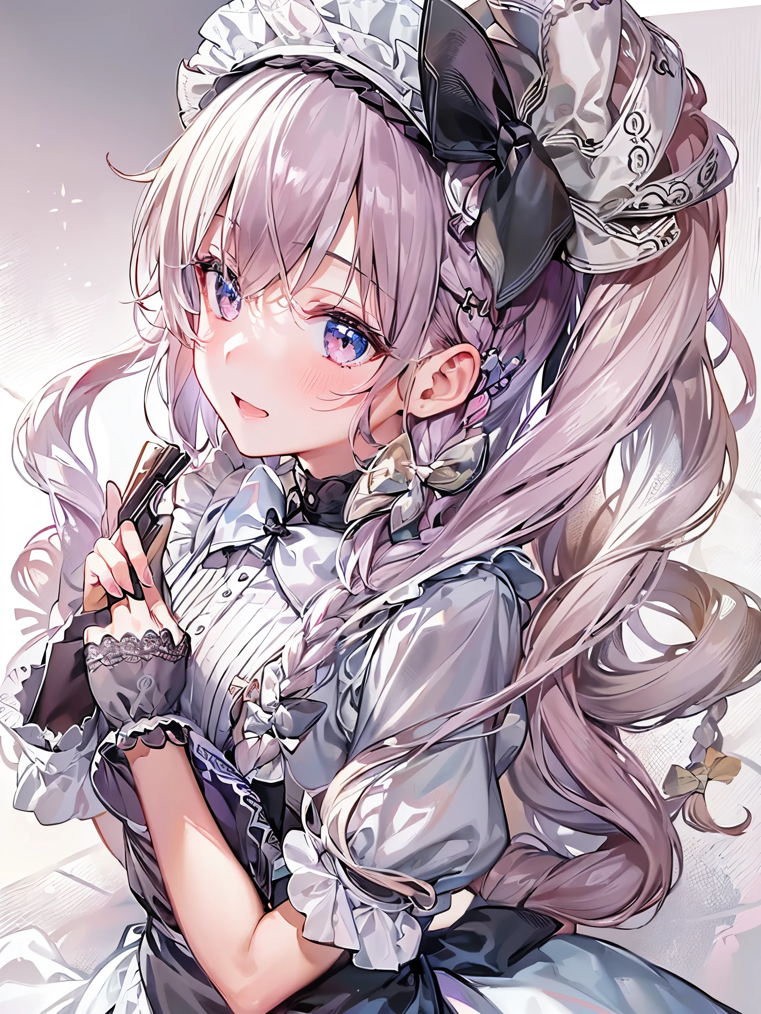 ((Highest quality)),(Ultra-high resolution),(Ultra-detailed new),(Detailed Description),((The best CG)),(masterpiece),Highly detailed art,A wonderful new art form,(Art with precise details:1.5), (Maid:1.7),(Cheerful:1.4),(Two braided long hair:1.6),(クラシカルMaid服:1.3),(Long skirt:1.4),((bow:1.6)), antique:1.3,Solemn:1.1,
