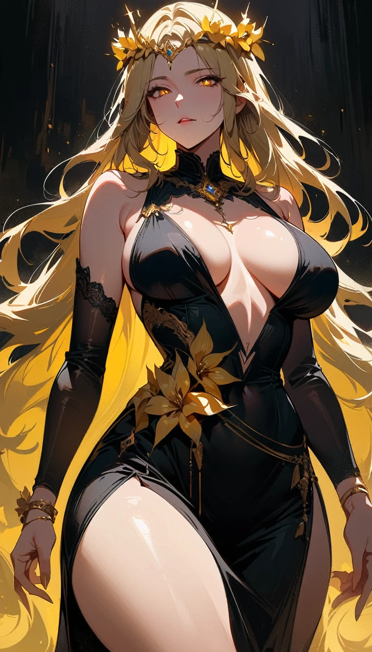 (high quality, 8k, 4K, high contrast, artwork:1.2, high quality, best aesthetics), (dynamic angle), ((1 woman)), erotic, sensual, mature body, super detailed, beautiful face detailed, beautiful eyes detailed, detailed beautiful mouth, sexy body, perfect breats, perfect wide thighs, (long straight blonde hair), (bright yellow pupils), (serious facial expression), (golden flower crown), (golden flower bracelet), (perfect detailed hands), (black long gown with long skirt, exposed thighs and long neckline with gold details), (aura of golden ring above the head split in the middle), (scenario of a place in empty space in yellow color), (elden ring), (queen marika the eternal)