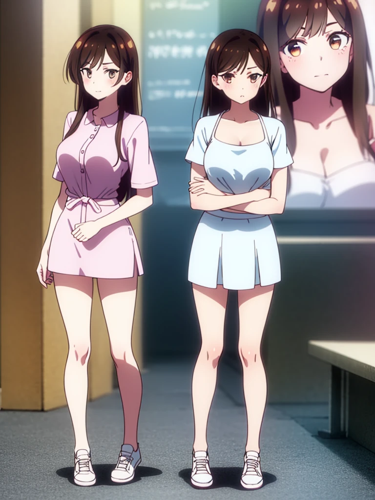 mizuharachizuru, chizuru ichinose, ((long hair)), bangs, brown hair, (brown eyes:1.5), one side up, smile, (clonealike:2), 5+girls, multiple identical girls, large breasts, thighs, shiny legs, 
BREAK skirt, shirt, short sleeves, puffy sleeves, puffy short sleeves, white skirt, white short, pink shirt, white low socks, brown low shoes, 
BREAK indoors, boutique outlet shop, crowd, people,
BREAK asking for bikini swimsuit clothes prices with the clerk, (cowboy shot:1.5),
BREAK (masterpiece:1.2), best quality, high resolution, unity 8k wallpaper, (illustration:0.8), (beautiful detailed eyes:1.6), extremely detailed face, perfect lighting, extremely detailed CG, (perfect hands, perfect anatomy), seductive appearance and posture, ((full body)), ((standing)), profile, crossed arms under breasts 