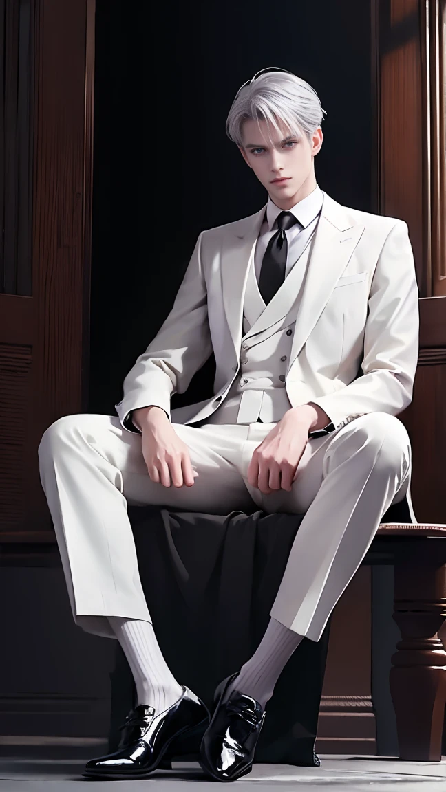 1 man, best quality, masterpiece, realistic, shortcut, white suit, black silk socks, black Oxford shoes, sitting, full body,fit body, super tall, silver hair 