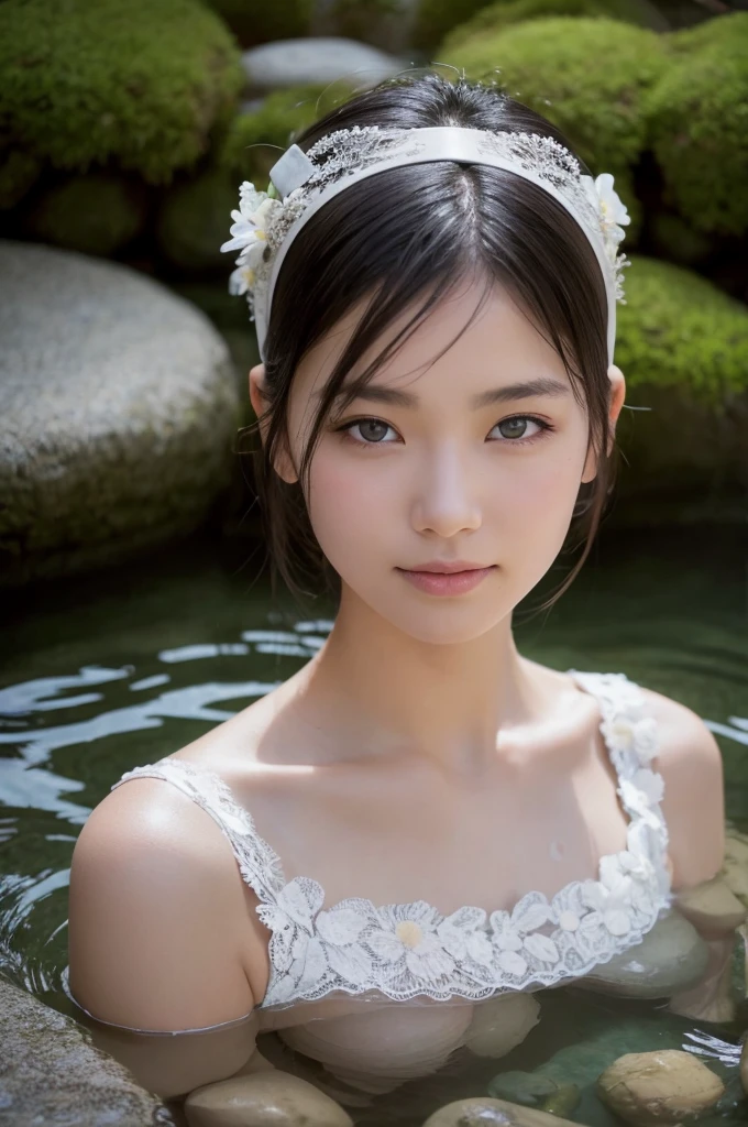 Highest quality, masterpiece, Ultra-high resolution, Supermodels bathing in Japanese hot springs, Outdoor hot spring, Stone hot spring, Moss and tree々Surrounded by, Super beautiful face, Pure Body, I can see my pores, (smile:0.8), Wearing split (lace headband:1.2), (realism:1.5), Original photo, Soaking wet, Sweaty, Bare shoulders, In the Dark, Deep Shadow, Low Key, Cold Light