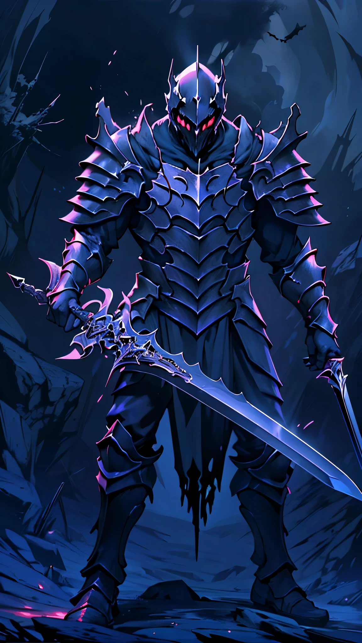 (masterpiece:1.2),(Highest quality),(Very detailedな),(Ultra-high resolution),8K,Vast landscape photography,Dark fantasy,(The Abyss Knight stands),Abyssal Sword,Abyssal Armor,Abyssal Shield,(One person: 1.5),Very detailed,The background is a gradient of black, blue and grey,The very deep darkness,((hands))