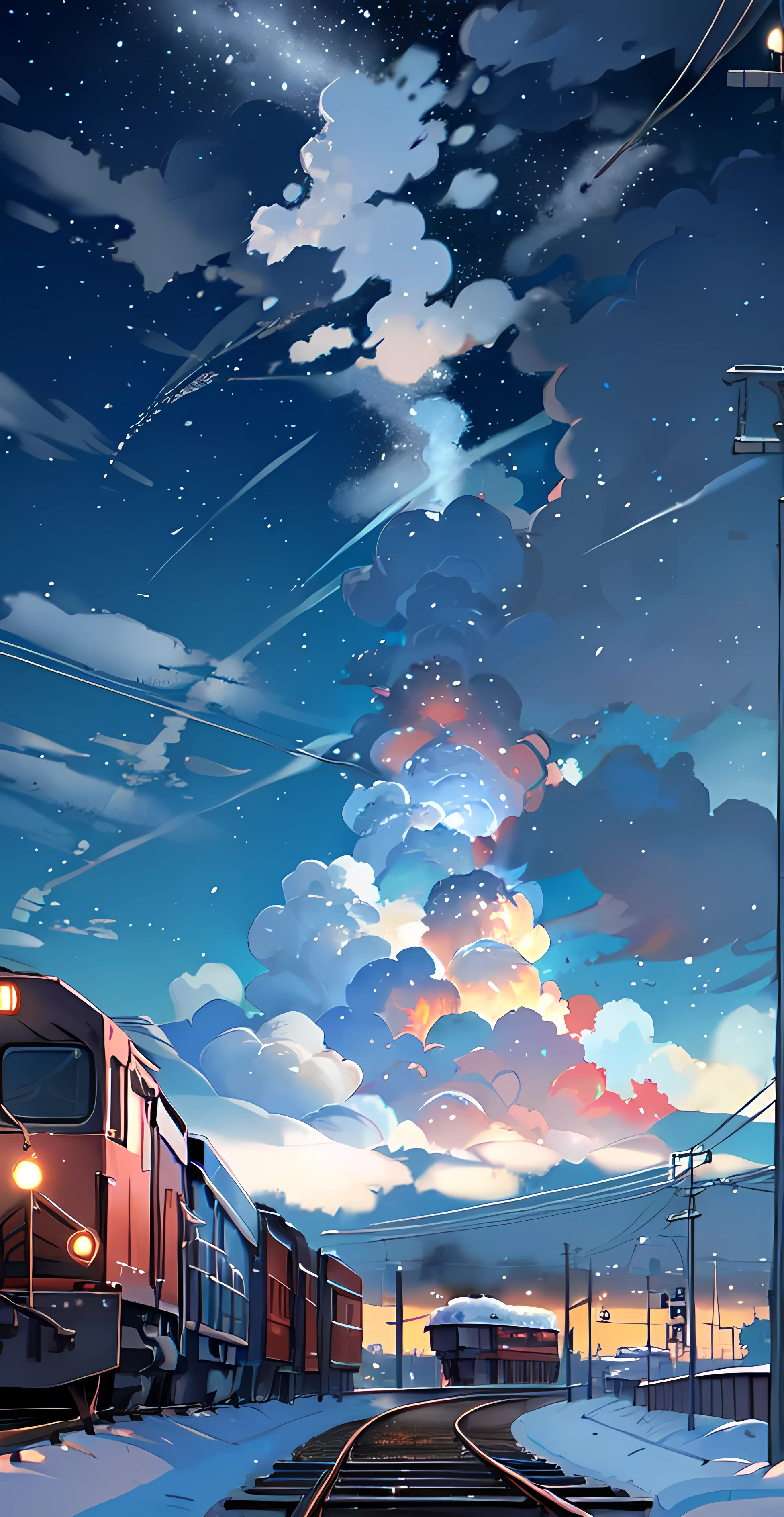 There is a train running along the tracks in the snow, Makoto Shinkai's concept art, tumblr, magic realism, beautiful anime scenes, cosmic sky. by makoto shinkai, ( ( makoto shinkai ) ), anime background art, anime backgrounds, Makoto Shinkai's style, anime movie backgrounds, galaxy express, no humans.