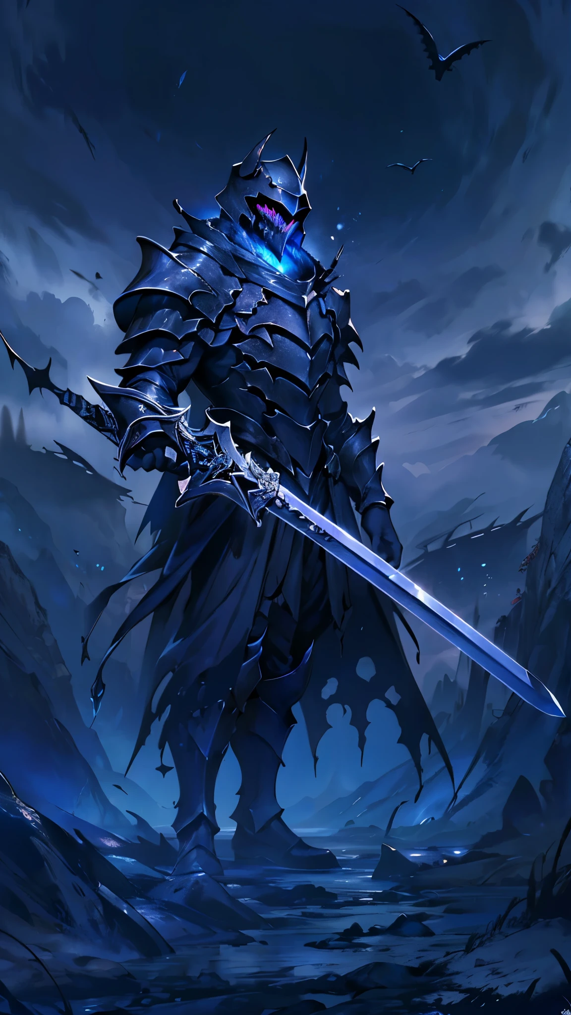 (masterpiece:1.2),(Highest quality),(Very detailedな),(Ultra-high resolution),8K,Vast landscape photography,Dark fantasy,(The Abyss Knight stands),Abyssal Sword,Abyssal Armor,Abyssal Shield,(One person: 1.5),Very detailed,The background is a gradient of black, blue and grey,The very deep darkness,((hands))