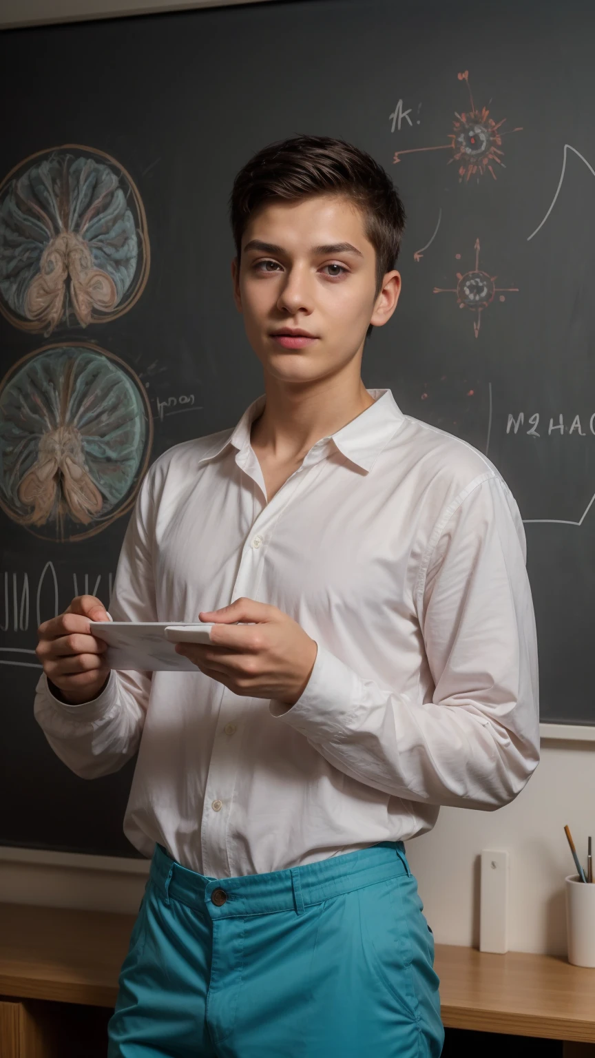A beautiful young man, a cute male twink, with black hair, a face with reddish make-up, wearing a bright white long-sleeved shirt and aqua blue pants. He is in his office, and behind him is a blackboard on which is written the shape of the brain and its anatomy, and nuclear energy comes out of it, and he looks on proudly.