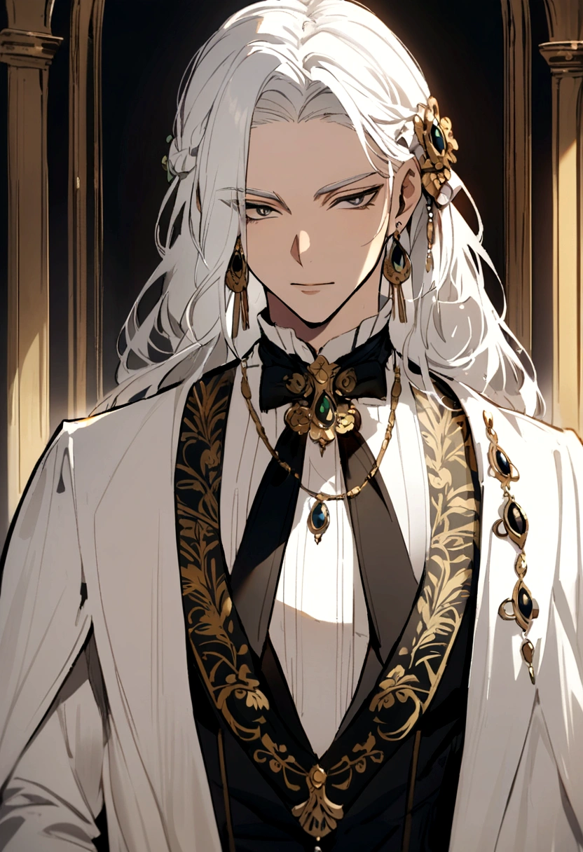 man with olive skin and long white hair