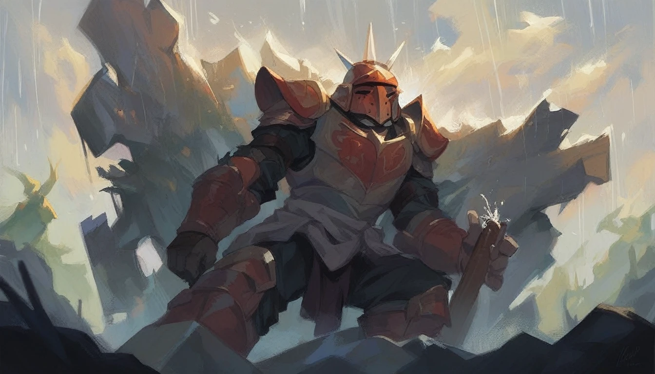 A striking cinematic painting depicting a Spartan warrior, clad in armor and wearing a warrior helmet, seated on a grand king's throne. The atmosphere is dark and stormy, with heavy rain pouring down and casting dramatic shadows. Blood red raindrops tinge the ground, creating a sense of violence and tragedy. The overall effect is a haunting and powerful image, capturing the essence of a fallen hero or a dark turn in the tale.