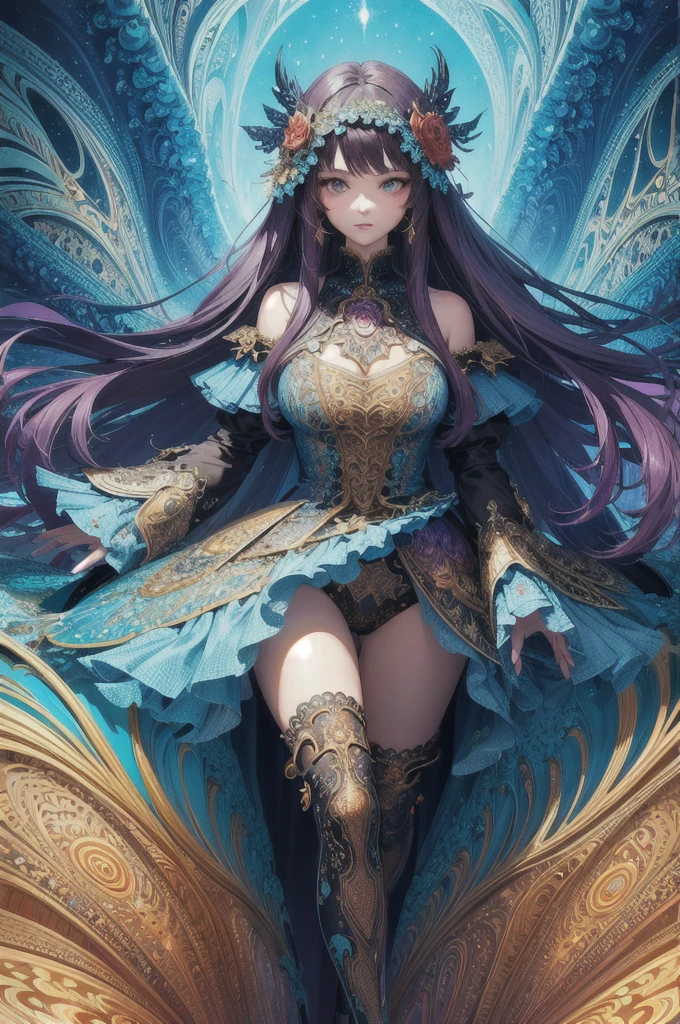 (masterpiece, top quality, best quality, official art, beautiful and aesthetic:1.2), (1girl), extreme detailed,(fractal art:1.3),colorful,highest detailed, small tits, green eyes, shadows in blue, highlights in cold