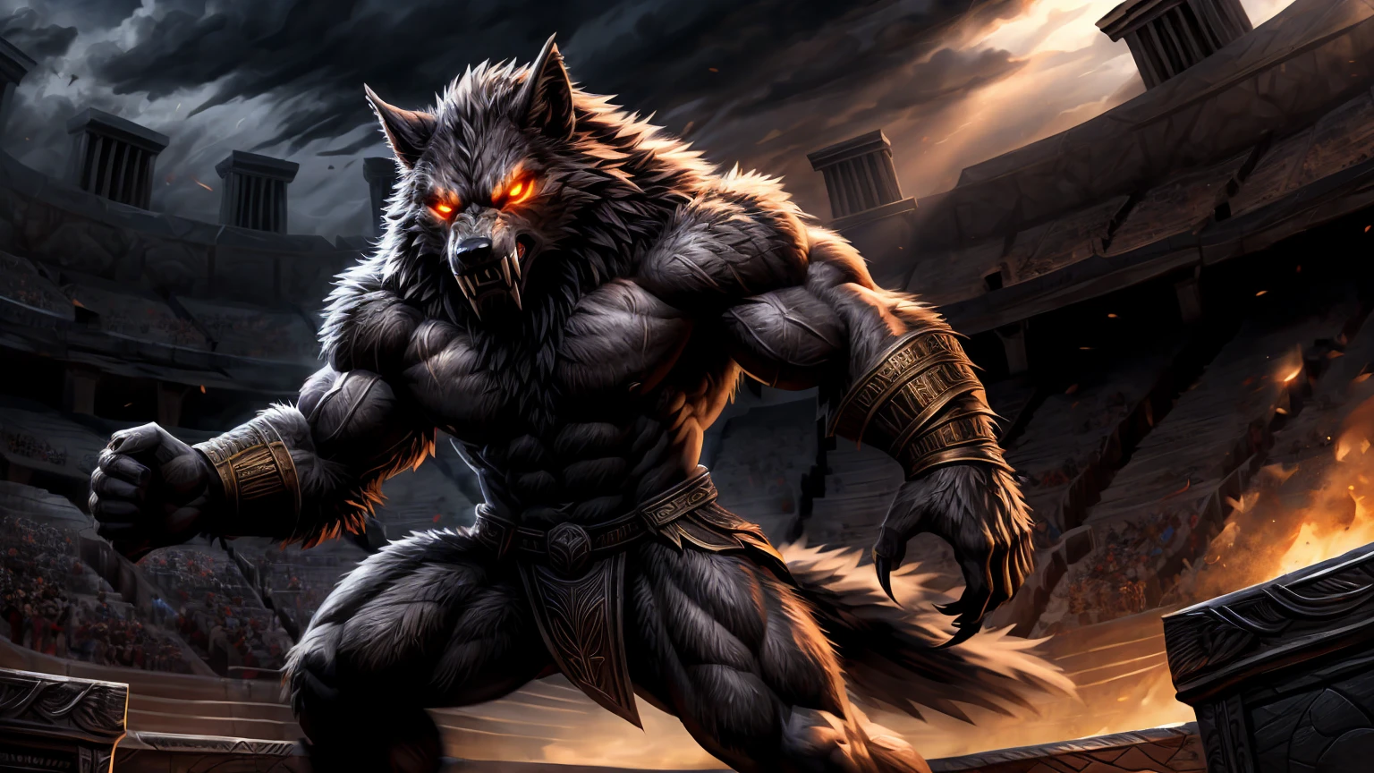 A Photograph of a formidable werewolf warrior, captured in a dynamic, close-up shot that showcases its raw power and untamed nature. The composition should emphasize the warrior's muscular physique, with intense expression in its eyes. Employ a high contrast black and white filter to enhance the grit and intensity. Through the clever use of lighting, reveal the intricate details in the warrior's battle scars and weathered armor, creating a captivating and evocative image. masterpiece, high details, best quality, HD, realism.
