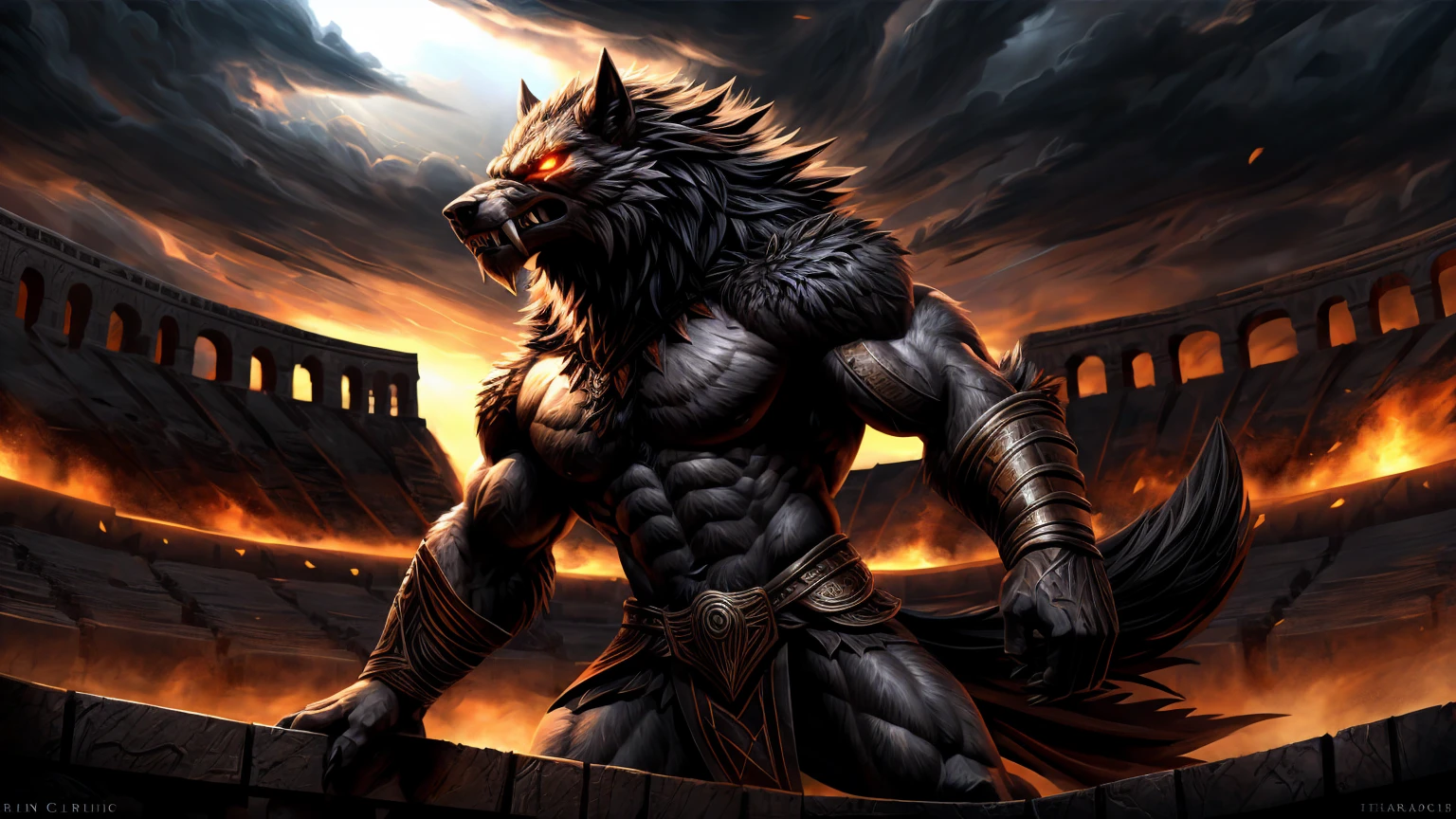 A fierce werewolf,gray fur,muscular body,gladiator,arena,detailed anatomy,sharp fangs,glowing eyes,dynamic pose,dramatic lighting,dark fantasy,cinematic,moody,gritty,chiaroscuro,digital painting