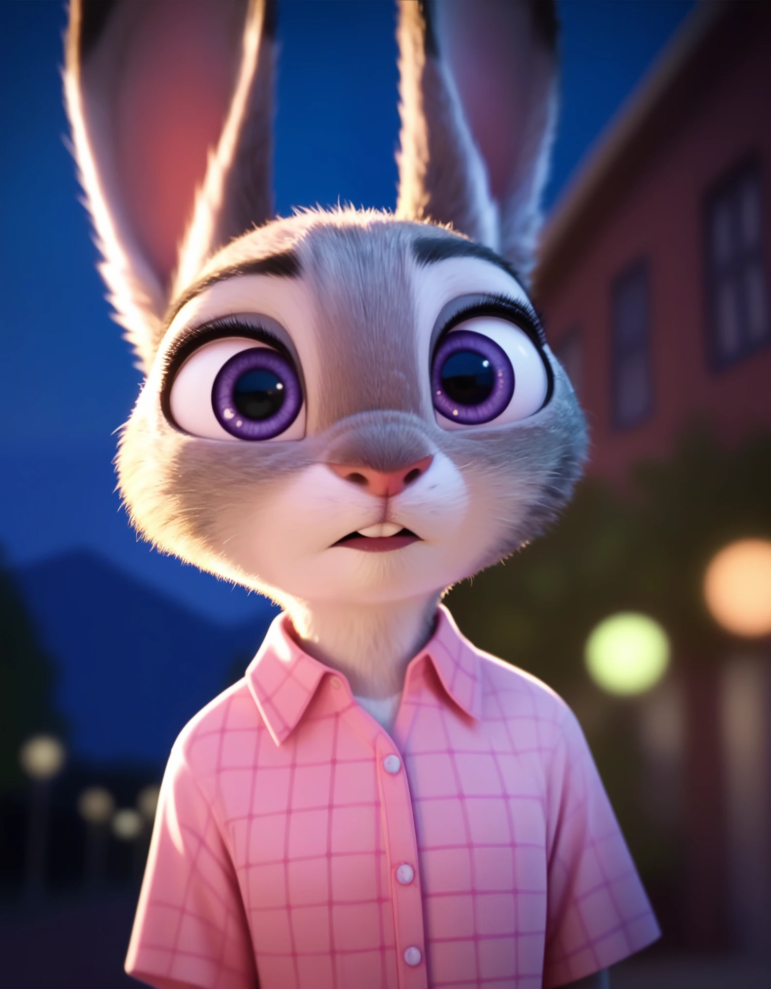 score_9, score_8_up, score_7_up, score_6_up, source_furry, judyhopps confused, dark, night, backlighting, solo, pink shirt, jeans, arms at sides, front view, portrait 