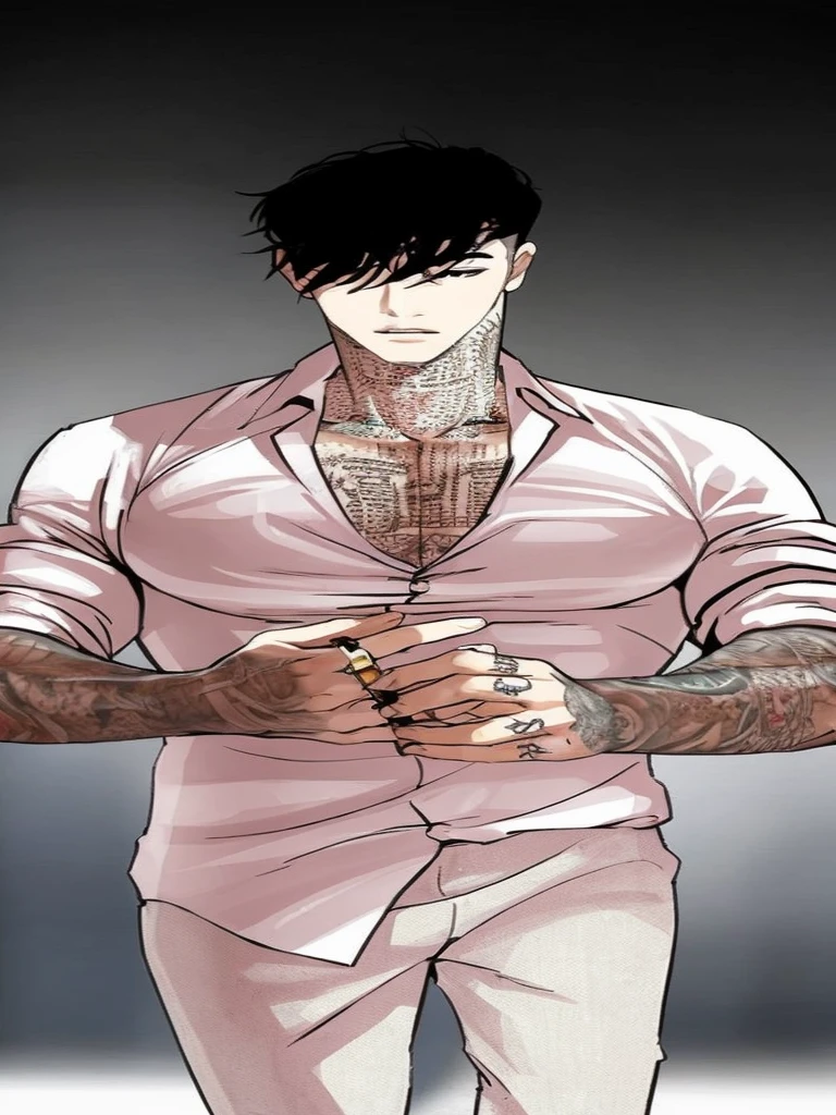 He has short, dark messy hair with bangs covering one eye. The man is wearing a light pink or pale rose-colored button-up shirt, partially unbuttoned to reveal extensive tattoos covering his chest and neck. His arms are also heavily tattooed, and he has tattoos on his fingers. The character is adjusting his shirt cuffs, giving off a confident and slightly intimidating aura.