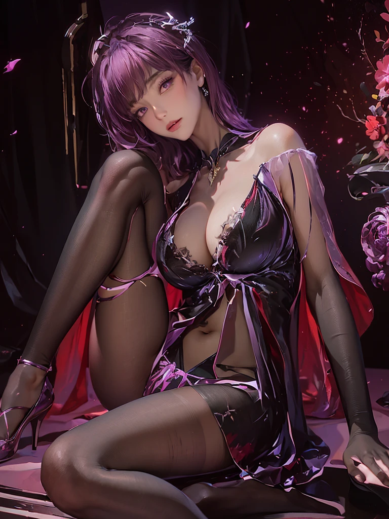 (masterpiece, best quality), 1girl, beautiful face, purple red hair, short hair, bangs, torn clothes, torn legwear, black dress, black stockings, solem, stoic face, itricate details, dark atmosphere,
