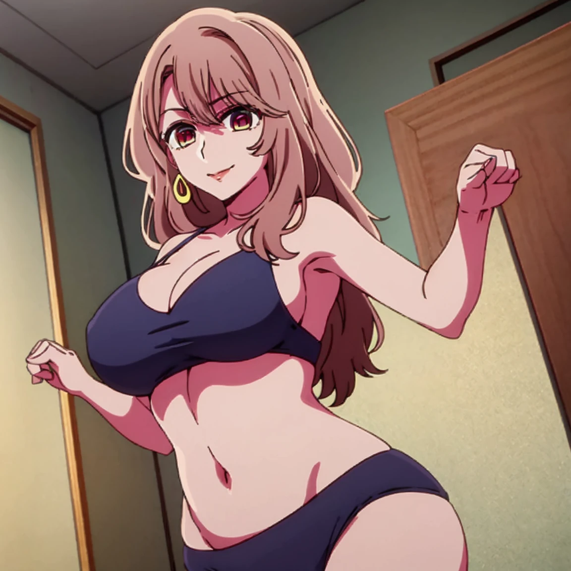 solo , 1girl , looking at viewer , mature female , big breasts , wide hips , milf  , eft_oshi_step, 1girl, jewelry, solo, earrings, , , looking at viewer, , long hair, brown hair, , bangs, , closed mouth,   hair between eyes, aged up, big breasts, purple eyes, brown eyes, multicolored eyes, big size bikini , bedroom , smile , cowboy pose 
