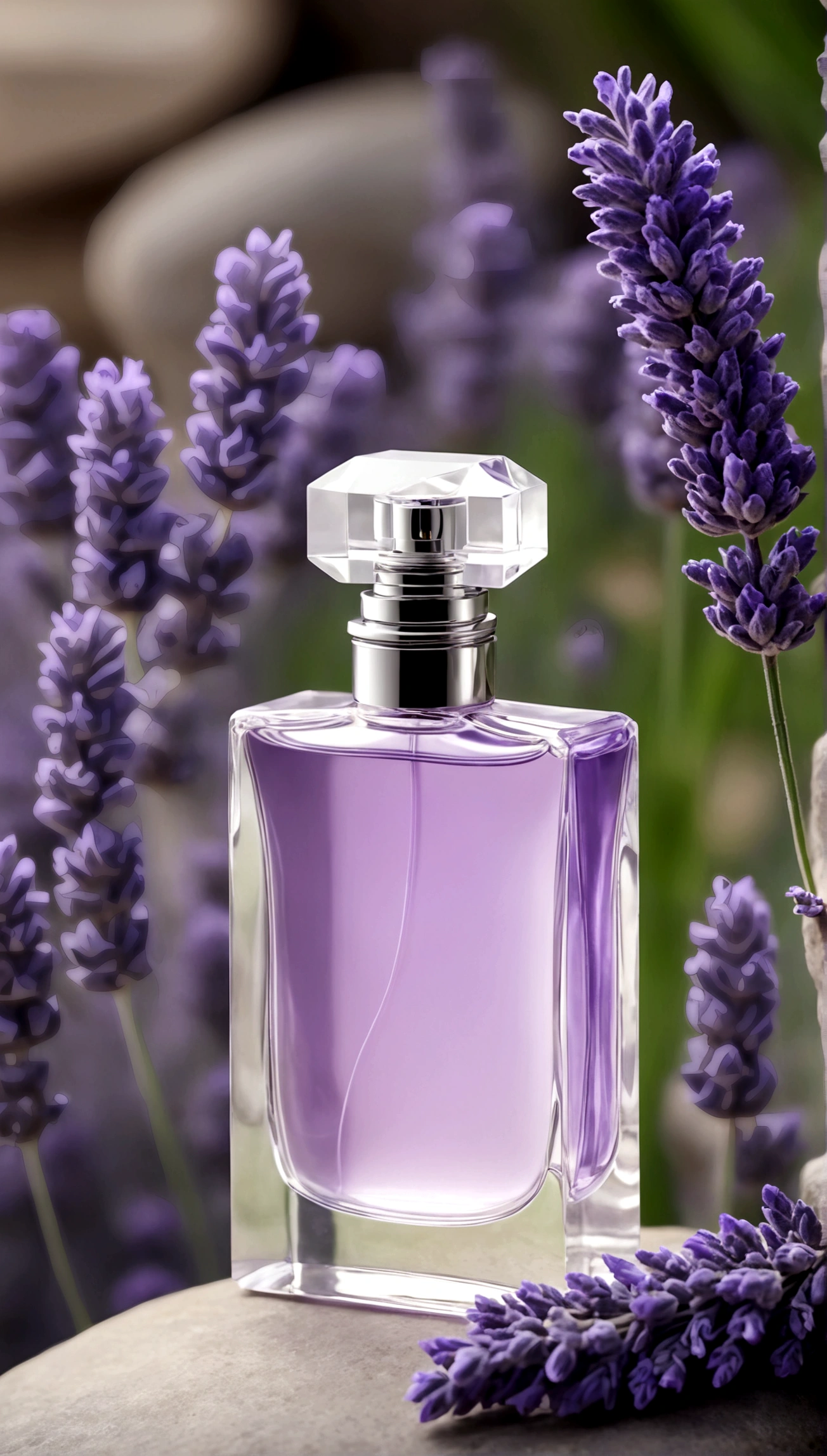 perfume with lavender flower, stylish perfume, man perfumes, perfume stands on a stone, stylish perfume, strict aura, blurred background
