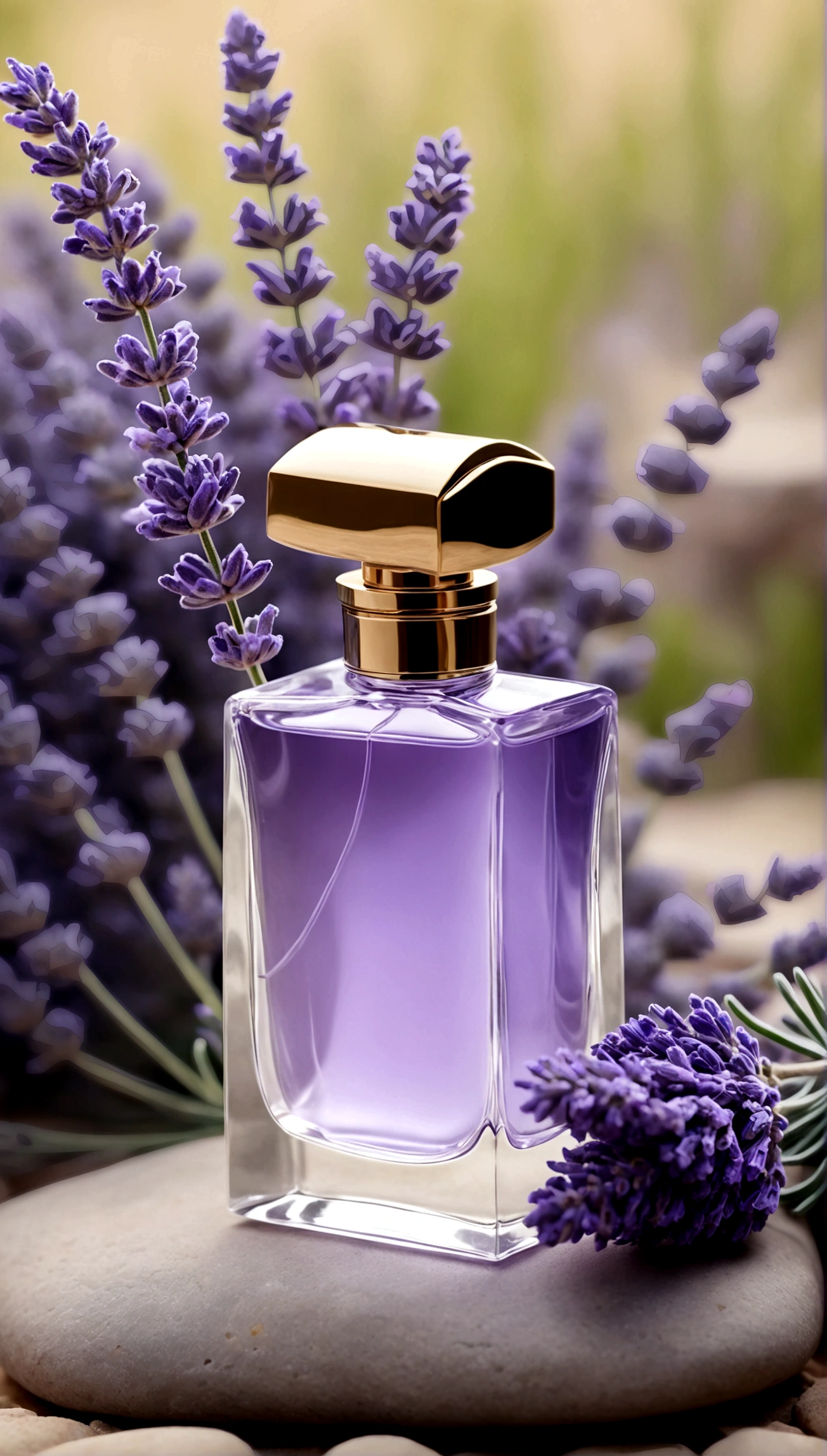perfume with lavender flower, stylish perfume, man perfumes, perfume stands on a stone, stylish perfume, strict aura, blurred background