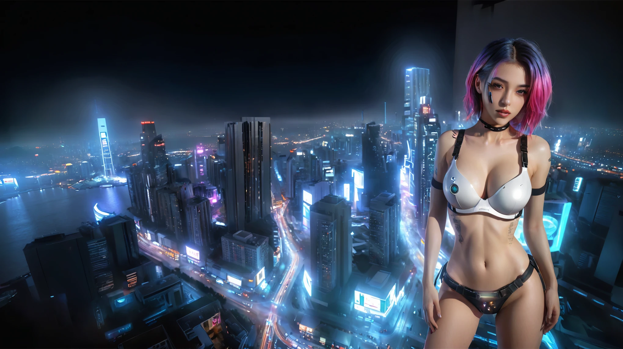 (Realistic:1.4) cyberpunk girl images, (highest quality, 8k, 32k, masterpiece) , (Dynamic pose), ((Front camera)), Cowboy Shot, Shapeless hair, Multicolored Hair, Depth of written interface f/1.8, high angle view of Cyberpunk city (((((at night))))) as background. (((1girl, solo))), photo realistic, (large-breast slim body, cleavage), (((full bra top, extreamly short pleated (((miniskirt))) exposing panty))), (((((((aiming at viewer with a (pistol), (looking at camera)))))))), (((((half-body (thigh level) medium shot))))), (cinematic lighting).