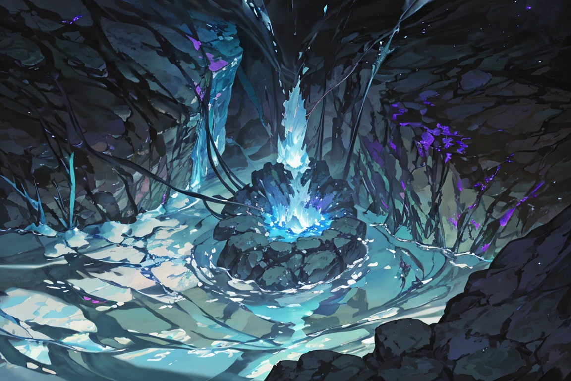 summer, blue lava rock area, blue lava rock, (illustration : 1.0), Narrative construction, realistic lighting, HD detail, masterpiece, best quality best, (Highly detailed CG integrated 8k wallpaper), wide and flat rocky area, small, sharp, rough rock at top of screen., Blue liquid flowing through a crevice in the rock,