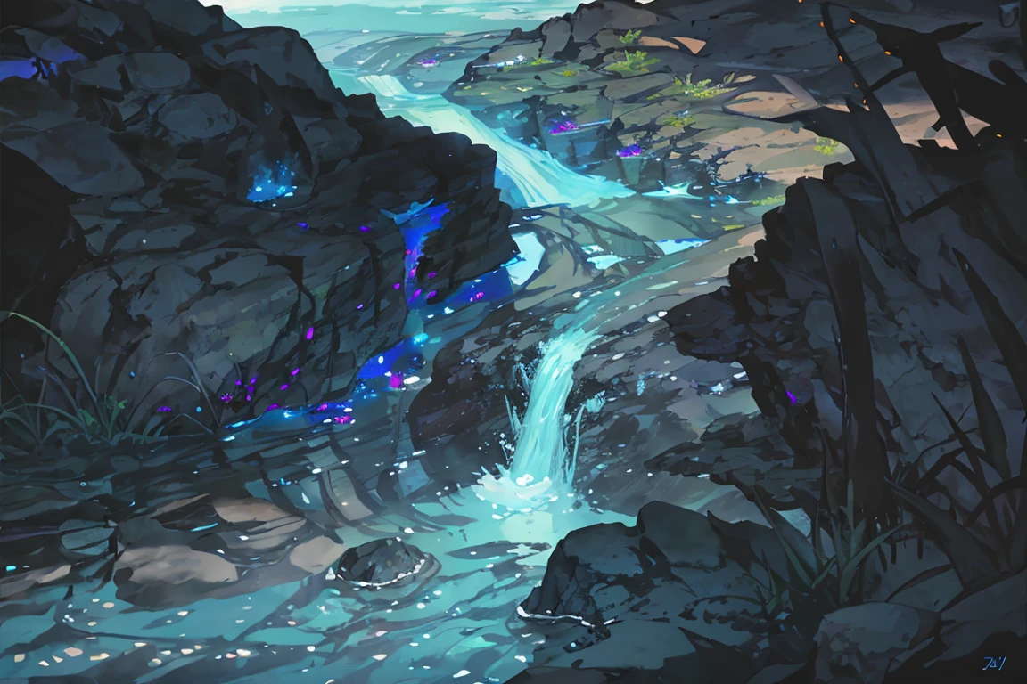 summer, blue lava rock area, blue lava rock, (illustration : 1.0), Narrative construction, realistic lighting, HD detail, masterpiece, best quality best, (Highly detailed CG integrated 8k wallpaper), wide and flat rocky area, small, sharp, rough rock at top of screen., Blue liquid flowing through a crevice in the rock,