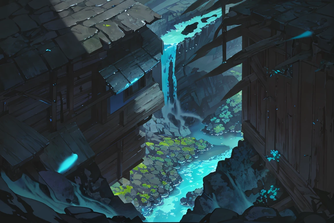 summer, blue lava rock area, blue lava rock, (illustration : 1.0), Narrative construction, realistic lighting, HD detail, masterpiece, best quality best, (Highly detailed CG integrated 8k wallpaper), wide and flat rocky area, small, sharp, rough rock at top of screen., Blue liquid flowing through a crevice in the rock,