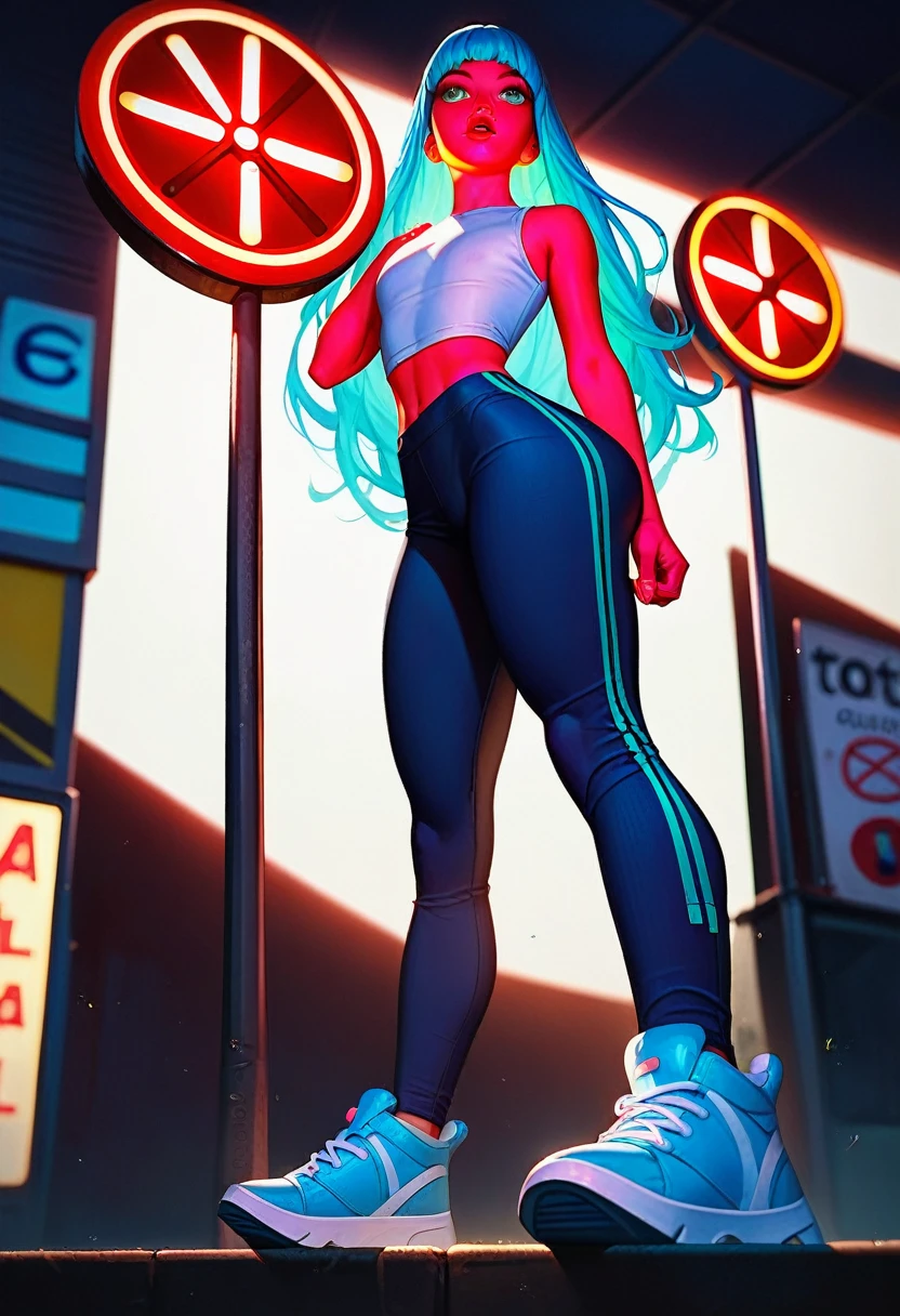 extreme low angle shot, Intricate, high Detail, full body, 1 girl, solo, hyper feminine and girly posture, skinny, skyblue hair, long hair, bangs, full lips, looking up at traffic light, panicking, detailed face, big calves, large ass, (tight bermudas), tucked in mesh shirt, chrome top, bottomheavy, colombian face, (reflected light, lit contours, isometric, caustics, left red light, top green light, below right yellow light)