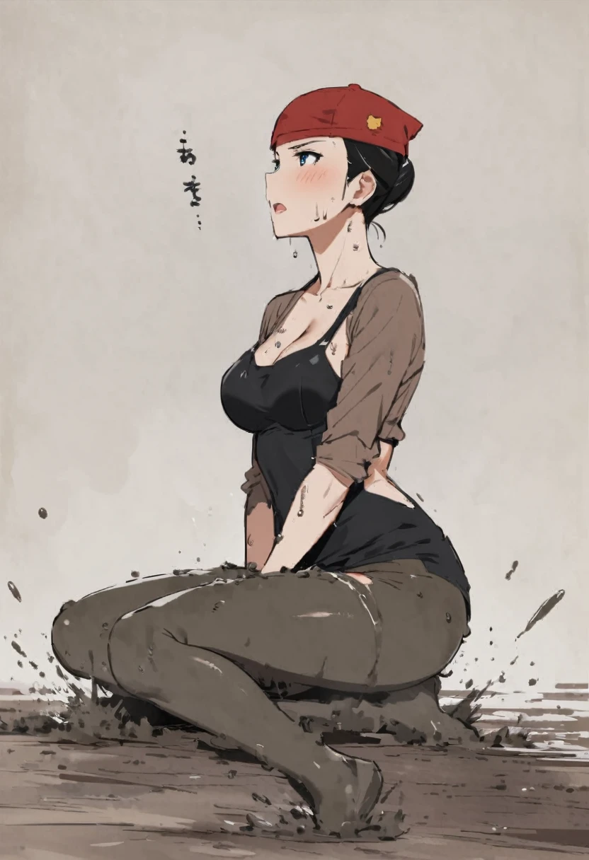 Quagmire、legs covered in mud、There&#39;s mud on my face、White bikini tiny swimsuit、Underboob、Thighs、Butt、Dynamic Angle、Straw hat、Seaside、Sandy Beach、Beach、、smile、sunlight、Both eyes open
