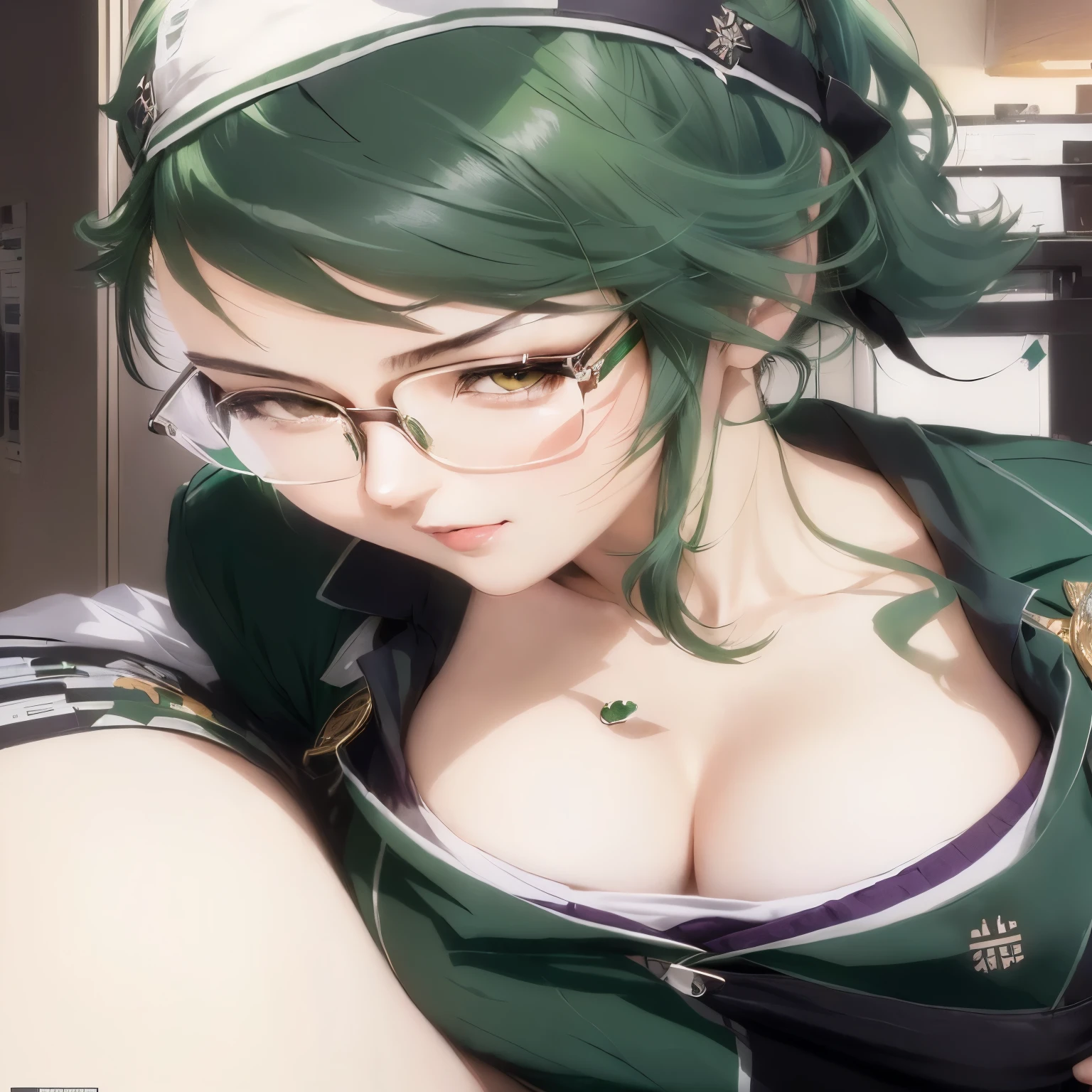 a close up of a person with glasses and a green hair, seductive cute girl, aerial viewyoji shinkawa, illustrious makinami, pin on beautiful makoto shinka, makoto, realistic