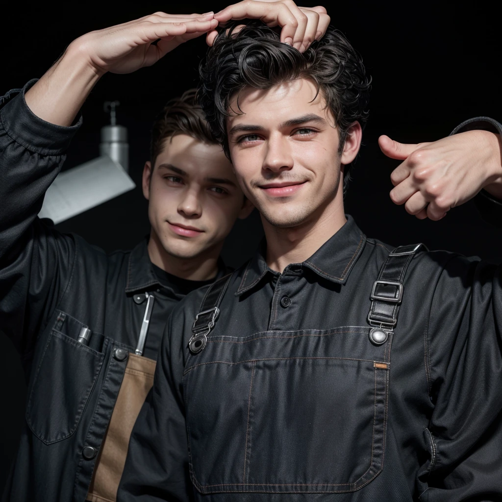 "Create an image of a man doll with the profession of mechanic with a black background. The man doll must be wearing typical mechanic work overalls, with grease stains, and must be giving a thumbs up with one hand. Facial expression should be smiling"