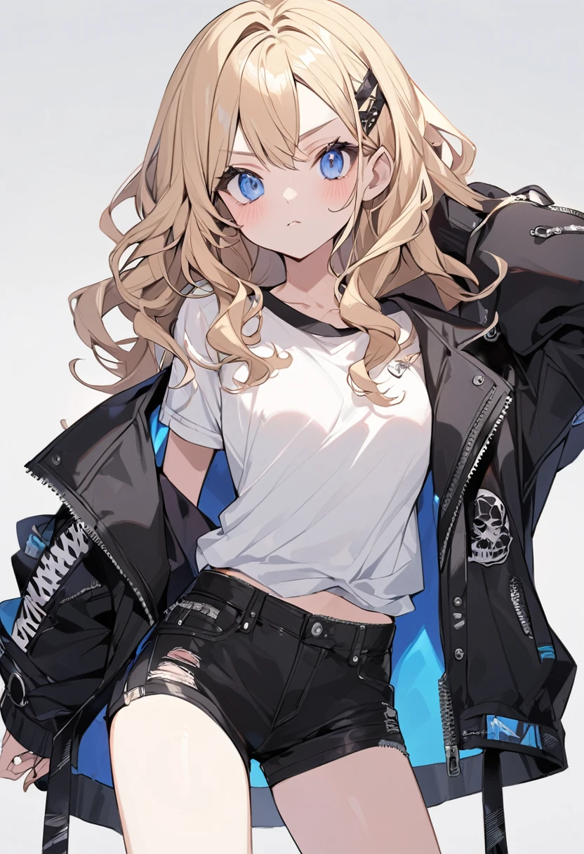 Blonde　Wavy Hair　Blue Eyes　Fair skin　Break　God in Black Mesh　cool　Mature　cute　beautiful girl　17 years old　164㎝　Punk Fashion　Black jacket（Take off on shoulder）　White Shirt　black hot pants
