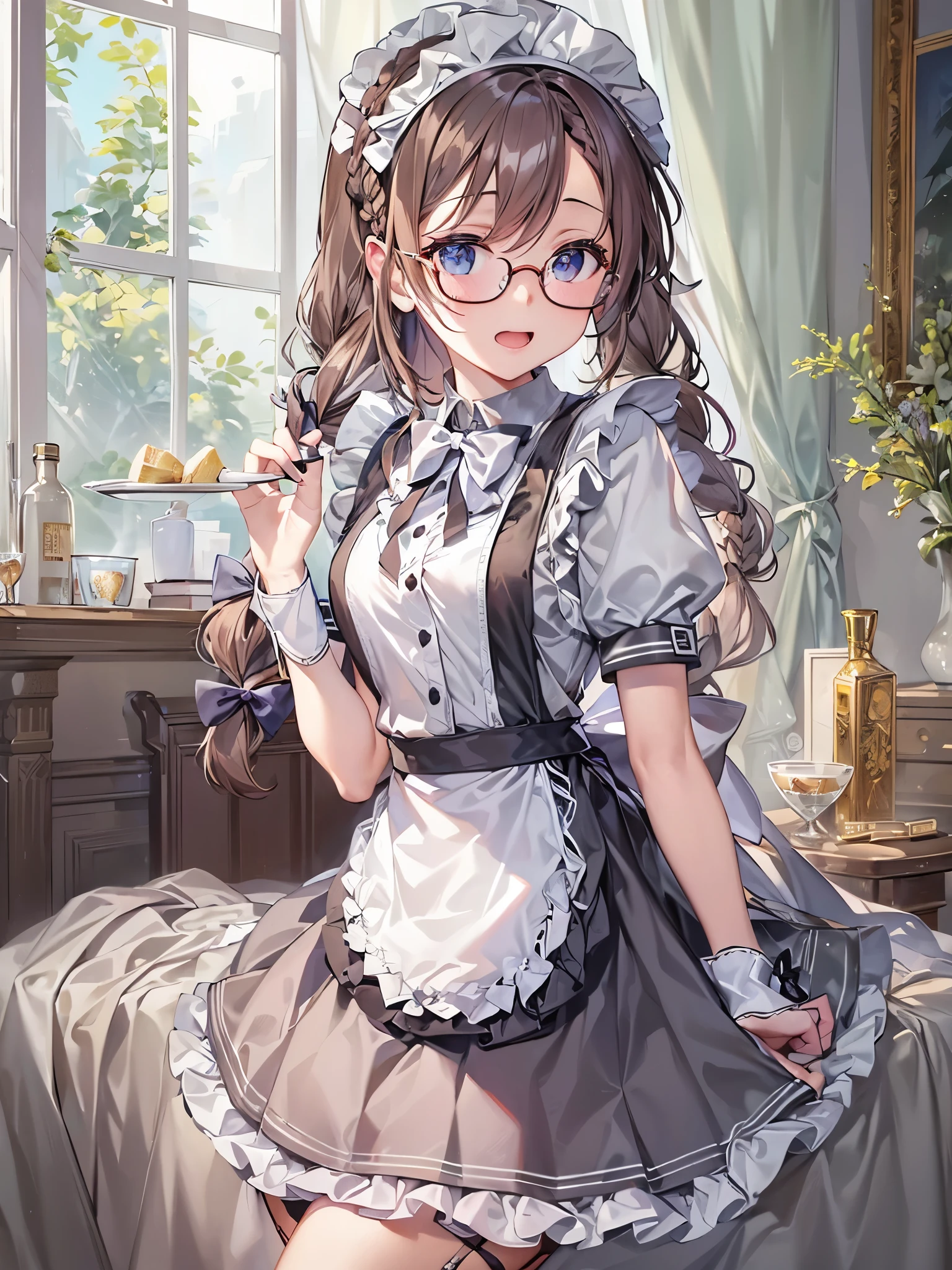 ((Highest quality)),(Ultra-high resolution),(Ultra-detailed new),(Detailed Description),((The best CG)),(masterpiece),Highly detailed art,A wonderful new art form,(Art with precise details:1.5), (Maid:1.7),(Cheerful:1.4),(Two braided long hair:1.6),(クラシカルMaid服:1.3),(Long skirt:1.4),(Under-rim glasses:1.4),((bow:1.6)), antique:1.3,Solemn:1.1,