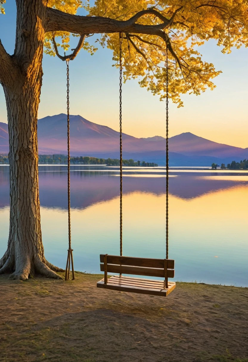 A solitary swing hangs between two trees, its wooden seat bathed in the golden glow of the setting sun. The lake stretches out before it, reflecting the sky's vibrant hues. The air is still, and the mountains in the distance stand as silent witnesses to this tranquil scene.