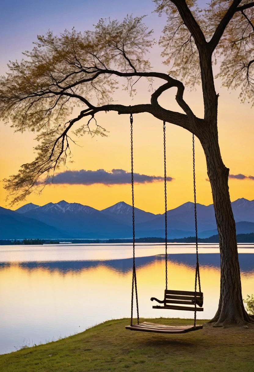 A solitary swing hangs between two trees, its wooden seat bathed in the golden glow of the setting sun. The lake stretches out before it, reflecting the sky's vibrant hues. The air is still, and the mountains in the distance stand as silent witnesses to this tranquil scene.