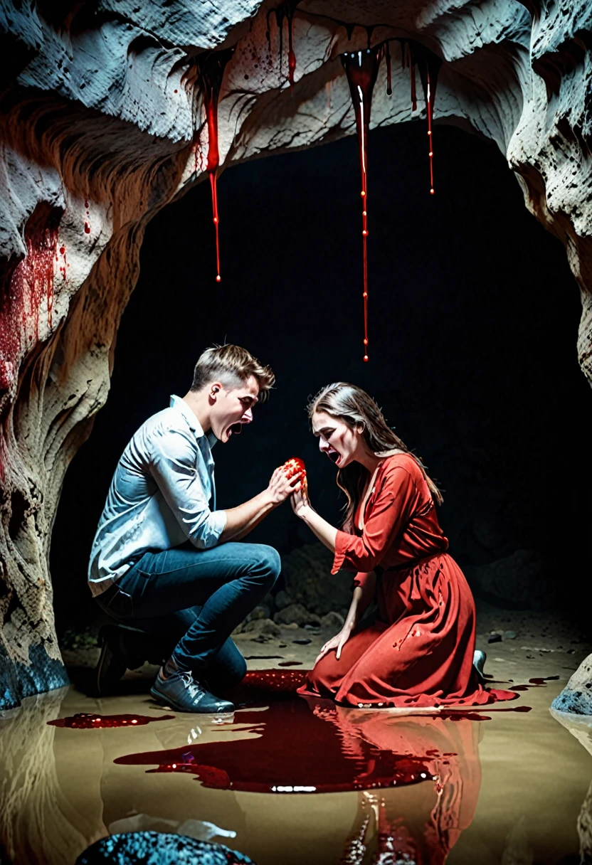 A young man standing and crying on his knee while his girlfriend is dead and blood is pouring from her. The cave, fear, spreads.
