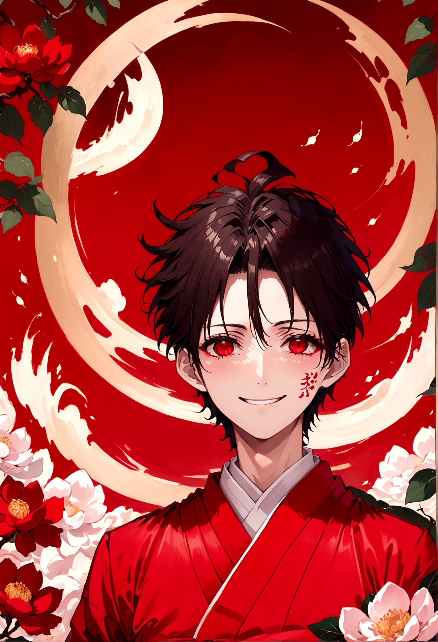 ((Red eyes))、引きつけるRed Eyes、smile、Crimson Eyes、Beautiful man、1 person、neutral、Black Hair、(Red Eyes)、Kimono with camellia pattern、smile、The nape is a little long、Serene atmosphere、beautiful、Are standing、ephemeral、Angle from the front、 High resolution, Super detailed、Male、Rakugo artist